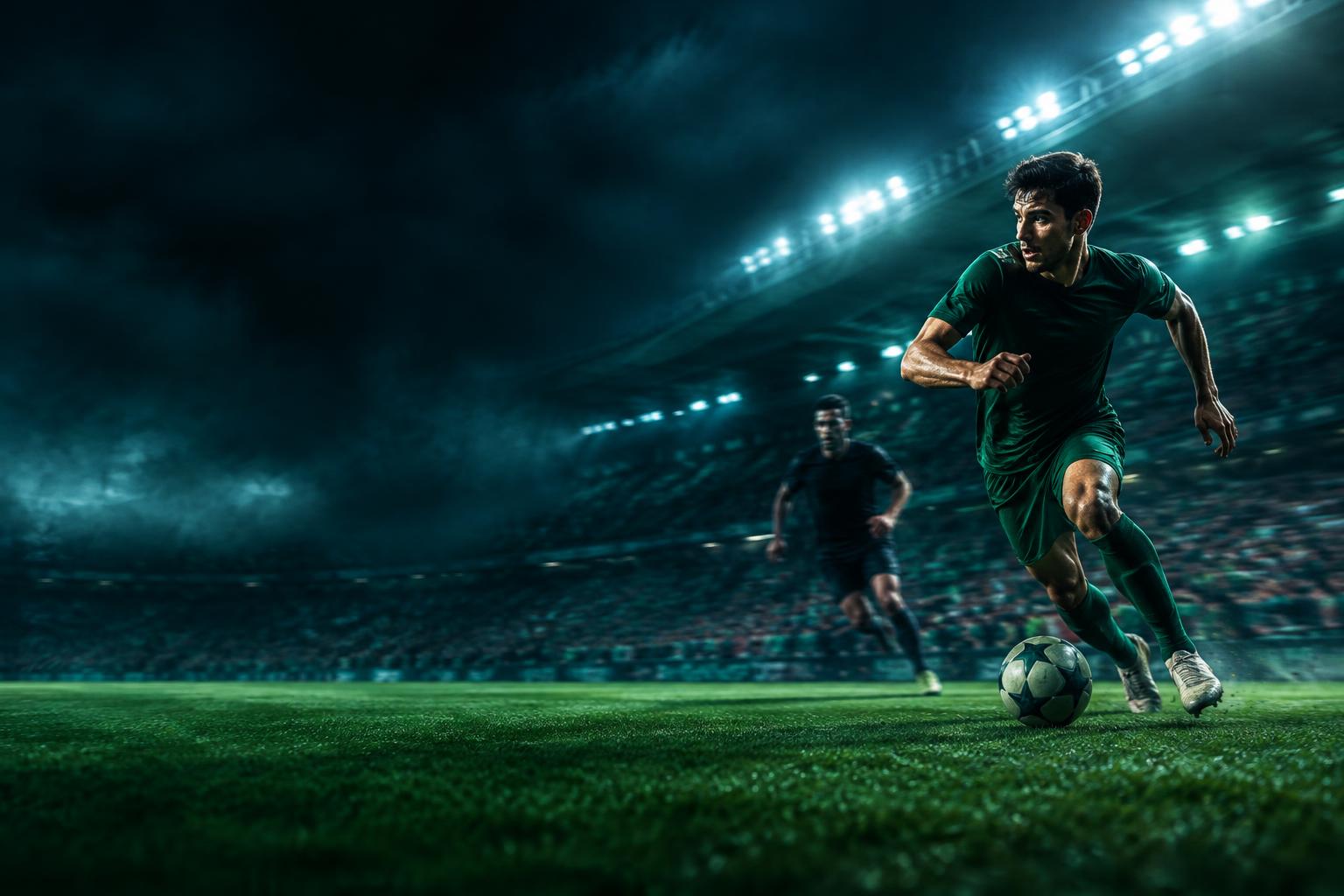 Pemain sepak bola menggiring bola di stadion malam hari